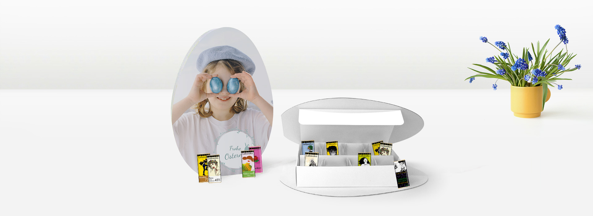 Geschenkbox in Eiform befüllt mit 16 Zotter-Mini-Schokoladen